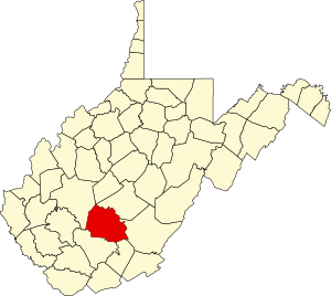 Map of West Virginia by. county with Fayette County highlighted in the middle of the lower third of the state
