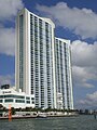 One Miami towers in downtown Miami at the mouth of the Miami River.