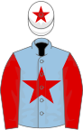 Light blue, red star and sleeves, white cap, red star