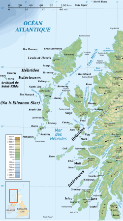 Carte des Hébrides montrant The Minch (en haut à droite).