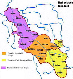 Раздел Силезии в 1248—1249 годах. Легницкое княжество выделено пурпурным цветом