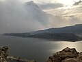 The reservoir shrouded in smoke from the approaching Cameron Peak wildfire in October 2020.