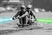 Artwork showing Murray (right) and Michael Brake with lightsabers as "Jedi rowers"