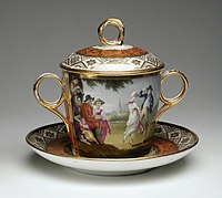 Chamberlain's factory, Worcester, c. 1805. Two-handled cup with cover, so a caudle cup type, with pastoral scene.