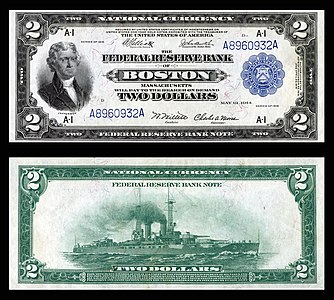 Two-dollar large-size banknote of the Federal Reserve Bank Notes, by the Bureau of Engraving and Printing