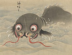 24 Umibōzu (海坊主) is a yōkai from Japanese folklore. Little is known of the origin of umibōzu, but it is a sea-spirit and as such has multiple sightings throughout Japan.[63] Normally, umibōzu appears to sailors on calm seas which quickly turn tumultuous. It either breaks the ship on emergence or demands a bucket or barrel from the sailors and proceeds to drown them.[64] The only safe way to escape an umibōzu is to give it a bottomless barrel and sail away while it is confused. It often appears as a humanoid shape with a shaved head and piercing eyes, much like that of a buddha.[65][63]