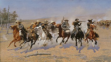 A Dash for the Timber, 1889, depicts cowboys in the Southwest shooting at Apaches in the rear. One of the eight riders is already wounded but remains on his horse.
