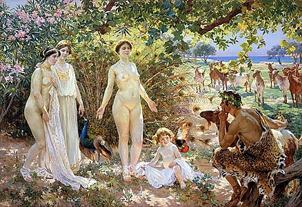 El Juicio de Paris by Enrique Simonet, c. 1904. This painting depicts Paris' judgement. He is inspecting Aphrodite, who is standing naked before him. Hera and Athena watch nearby.