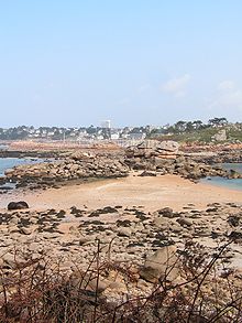 Le passage à marée basse vu de l'île. En arrière-plan, le port de Trébeurden.