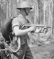 A British World War II–type "lifebuoy" flamethrower in 1944