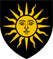 Blason en couleurs d'un soleil jaune sur fond noir, le soleil arborant les traits impassibles d'un visage humain.