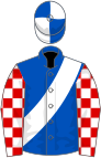 Royal blue, white sash, red and white checked sleeves, royal blue and white quartered cap