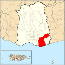 Location of Vayas barrio within the municipality of Ponce shown in red