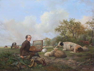 The Artist Painting a Cow in a Meadow Landscape, at and by Hendrik van de Sande Bakhuyzen