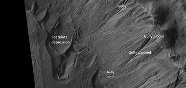 Close view of crater labeled with "spatulate depression" and other features, as seen by HiRISE Note: this is an enlargement of the previous image.[82]