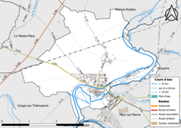 Carte en couleur présentant le réseau hydrographique de la commune