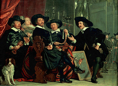 Bartholomeus van der Helst, Les Syndics des arbalétriers de saint Sébastien à Amsterdam, Frans Banninck Cocq est à gauche.