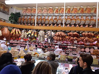 Hams, pigs' trotters, sausages, and mortadella in Bologna, 2019
