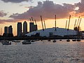 Canary Wharf and the O2 at sunset, London, England, United Kingdom