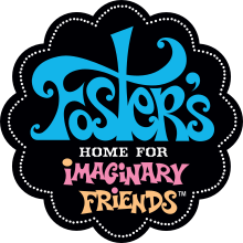 A black circle with curves and white dots is under the series' logo which has a light blue color for the word "Foster's", light pink for "Imaginary", and light orange for "Friends." The words "Home for" are in white.