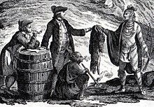 Illustration of fur traders trading with an Indigenous person