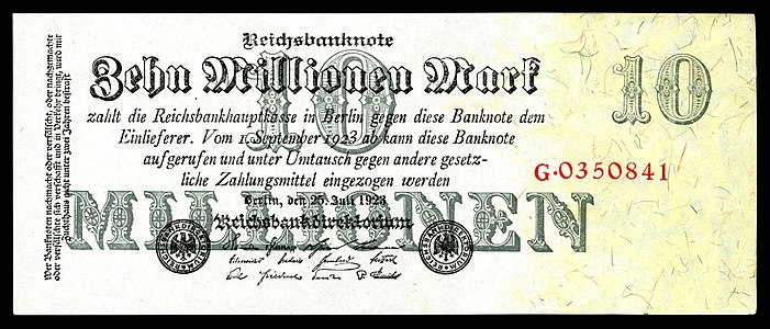 Ten-million Mark at German Papiermark, by the Reichsbankdirektorium Berlin