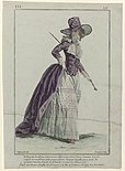 A drawing of a veiled woman in a big purple hat and a purple, long-sleeved redingote: a coat that is fitted at the bodice and hits above the hips at the front but cut so that it is left long in the back so that it reaches the floor. Under the coat is a white, floor-length gown. She is carrying a riding crop.