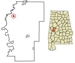 Location of Akron in Hale County, Alabama.