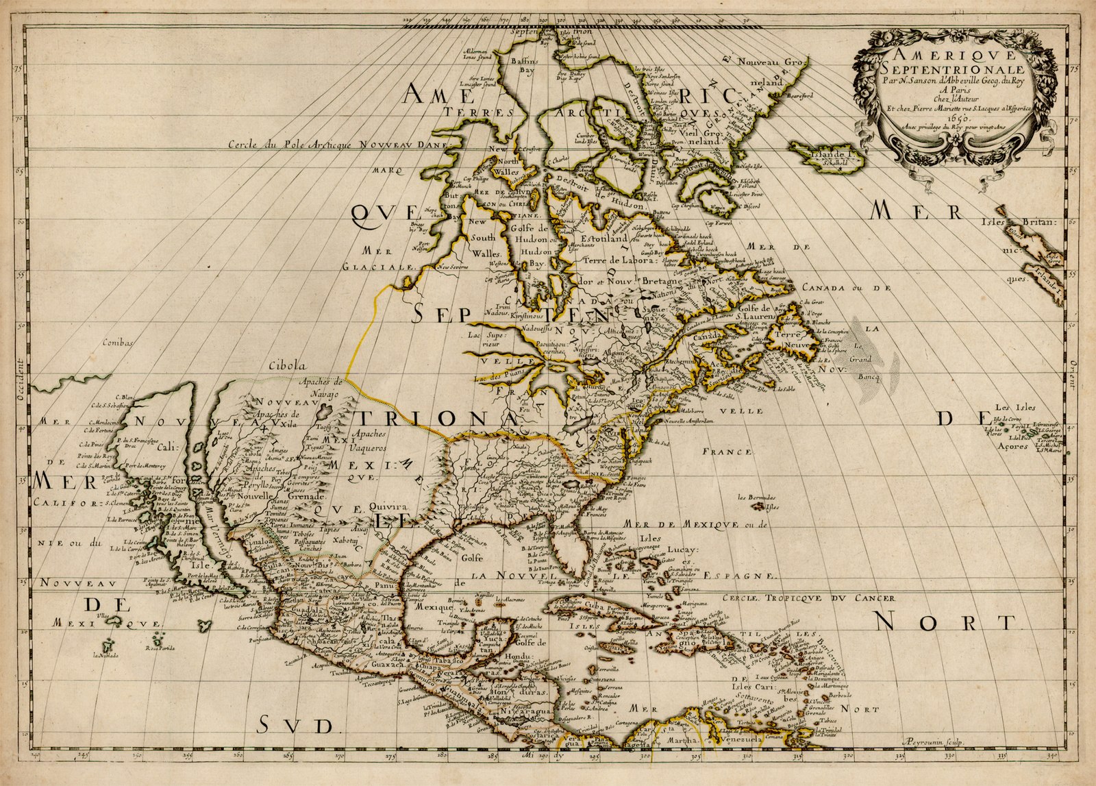 Much of New France's "Pays d'en Haut" (Upper Country) remained unexplored in the mid-1600s; Nicolas Sanson d'Abbbeville's 1650 map was the first to show all five Great Lakes.[6]