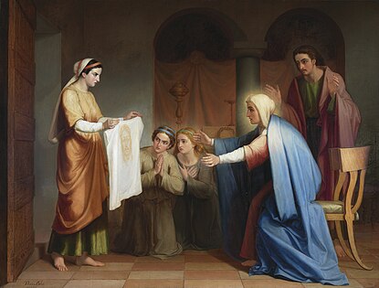 Veronica showing the Holy Face to the Virgin and Saint John, 1864, by Juan Antonio Vera Calvo