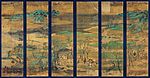 Six narrow and tall panels of a landscape with mountains, trees, horsemen and a hut. The painting is slightly faded.