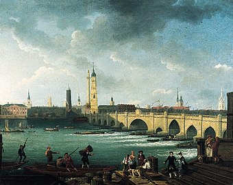 London Bridge from Pepper Alley Stairs by Herbert Pugh, showing the appearance of London Bridge after 1762, with the new "Great Arch" at the centre