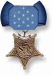 A light blue neck ribbon with a gold star shaped medallion hanging from it. The ribbon is similar in shape to a bowtie with 13 white stars in the center of the ribbon.