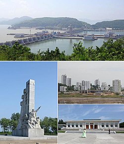 Clockwise from top: the West Sea Barrage, view of Nampo city, the Chongsan-ri co-operative farm, a monument