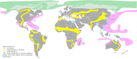 A schematic showing the regions where natural disasters will occur due to climate change (global warming)