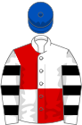 White and red quartered, white and black hooped sleeves, royal blue cap