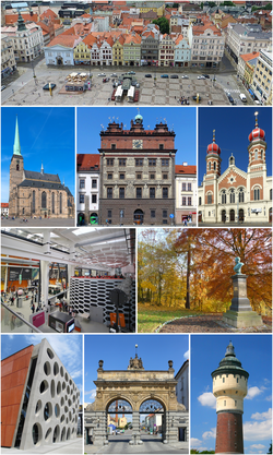 From top: Republic Square; Cathedral of St. Bartholomew; Renaissance City hall, Great Synagogue; Techmania Science Center; Lochotín park, New Theatre; Prazdroj brewery gate; and brewery water tower.