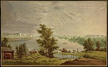 A landscape painting of the Red River Settlement, featuring farmland and a fort