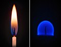 A comparison between the combustion of a candle on Earth (left) and in a microgravity environment, such as that found on the ISS (right).