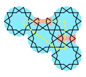 Construction of girih pattern in Darb-e Imam spandrel (yellow line). Construction decagons blue, bowties red. The strapwork cuts across the construction tessellation.