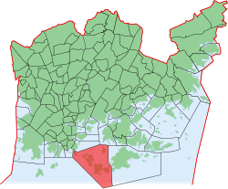 Kaupungin kartta, jossa Suomenlinna korostettuna. Helsingin kaupunginosat