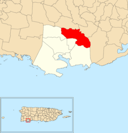 Location of Susúa Baja within the municipality of Guánica shown in red