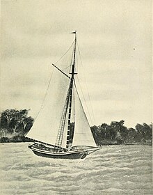 Image is of q painting of a Hudson River sloop on the water with the treed shoreline in the background