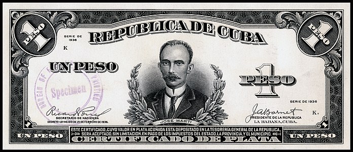 One-peso silver certificate from the 1936 series, certified proof obverse, by the Bureau of Engraving and Printing