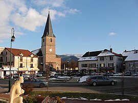 The church and surroundings in Vagney