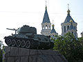 Victory Square with tank monument and Cathedral in Zhytomyr