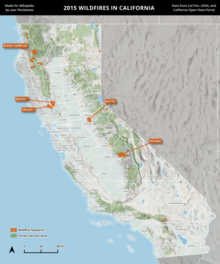 A map of wildfires in California in 2015, using Cal Fire data