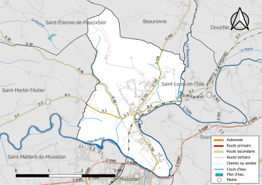 Carte en couleur présentant le réseau hydrographique de la commune