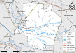 Carte en couleur présentant le réseau hydrographique de la commune