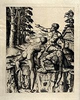 Bathers on the edge of a river, or The Climbers, an important print of 1510, based on a detail of Michelangelo's Battle of Cascina; this was the last print he dated.
